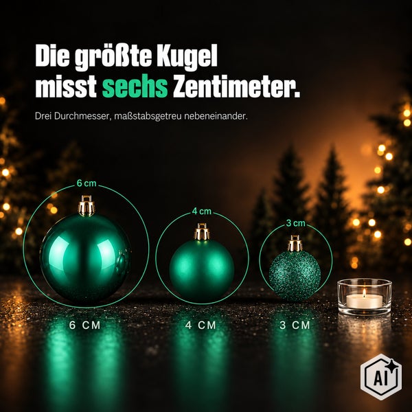 Drei Weihnachtskugeln mit Durchmesser von sechs, vier und drei Zentimetern im Größenvergleich vor einer weihnachtlich beleuchteten Kulisse.