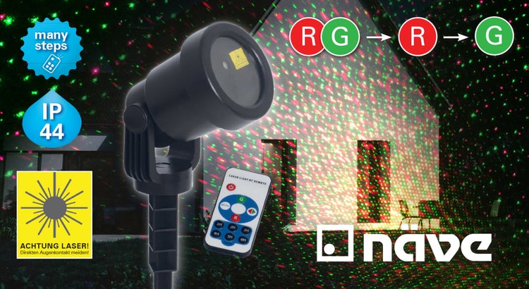 Laser-Lichtprojektor mit rotem und grünem Muster, Fernbedienung und IP44-Schutzart