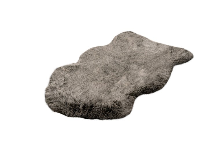 Weicher Kunstfellteppich in Tierfellform aus Polyester in Braun-Grau.