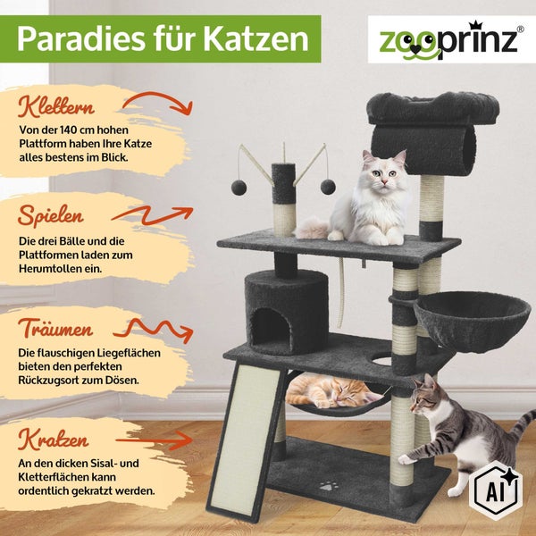 Zooprinz Kratzbaum mit Liegeflachen, Hohe 140 Zentimeter, mit Spielbaellen, Katzenhohle, Liegemulde und Sisalstammen fuer Katzen.