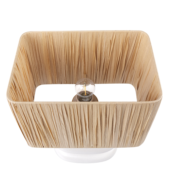 Tischleuchte mit quadratischem Lampenschirm und Glühbirne