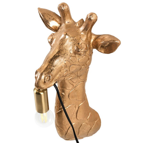 Dekorative Tischleuchte in Form eines goldenen Giraffenkopfes mit einer Glühbirne