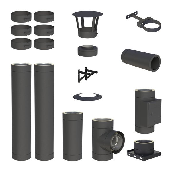 Doppelwandiger Schornstein-Bausatz in Schwarz mit Rohren, T-Stück, Schornsteinhaube, Wandkonsolen und Befestigungsmaterial.