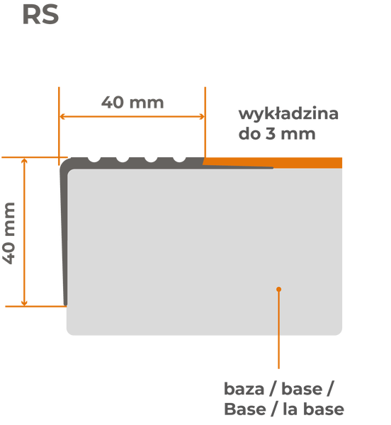 Profilquerschnitt mit Maßangaben: 40 mm Höhe, 40 mm Breite, Belag bis 3 mm