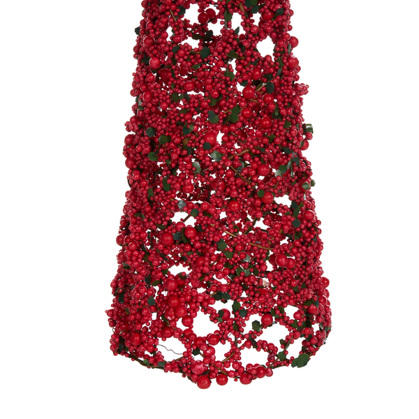 Dekorative Weihnachtspyramide mit roten Beeren und grünen Blättern.