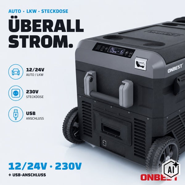 Tragbare Onbest Kompressor Kühlbox für Auto und LKW Betrieb mit 12 24 Volt Anschluss 230 Volt Steckdose und USB Ladeanschluss