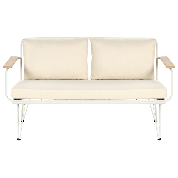 Gartensitzbank mit Metallgestell, Armlehnen aus Holz und Sitz- sowie Rückenkissen