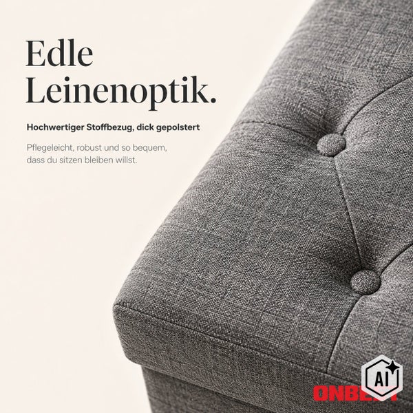 Gepolsterte Sitzbank mit strapazierfähigem Stoffbezug in Leinenoptik und Knopfheftung, Onbest Logo.