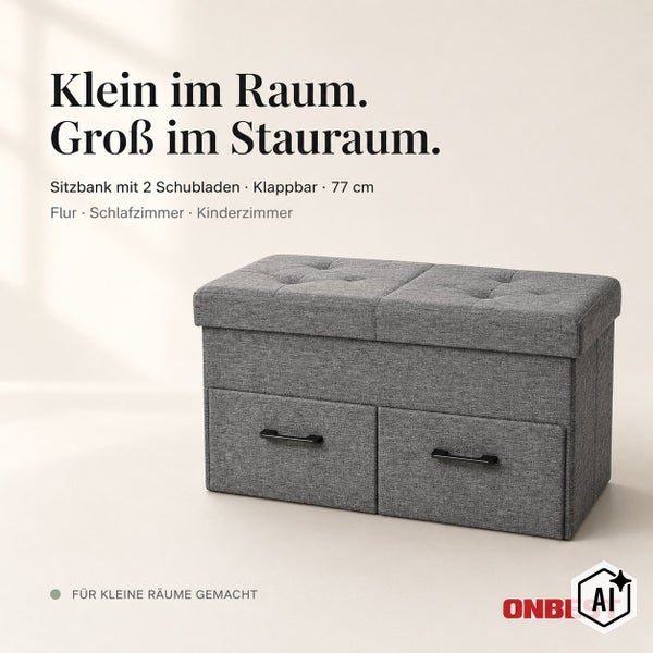 Klappbare Sitzbank mit zwei Schubladen, 77 Zentimeter breit, geeignet für Flur, Schlafzimmer und Kinderzimmer, von Onbest.