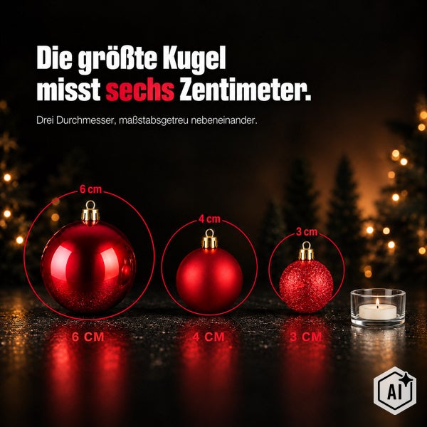 Drei unterschiedlich große Weihnachtsbaumkugeln mit Durchmessern von sechs, vier und drei Zentimetern im direkten Größenvergleich.