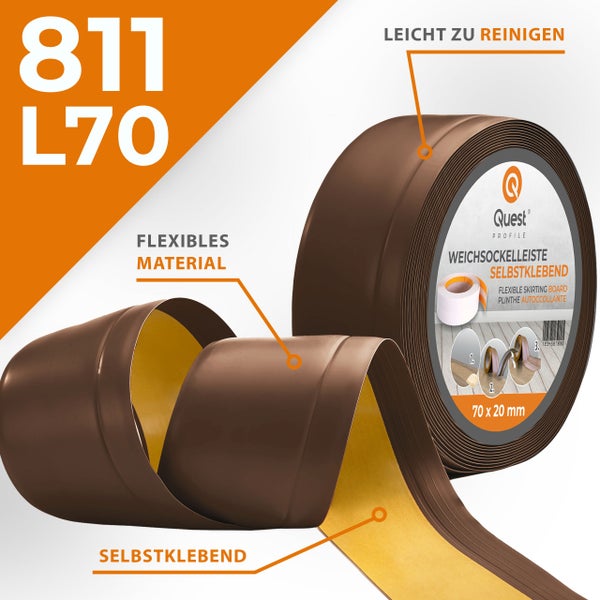 Quest Weichsockelleiste, Breite Sockelleiste 70 x 20 mm, PVC Knickleiste für Wand, Boden, Flexibel, Braun, 1 Meter