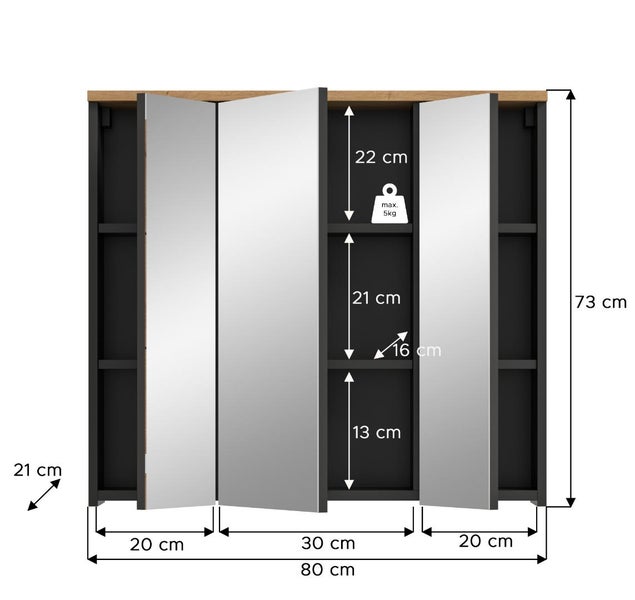 Abmessungen des Spiegelschrankes mit Regalfächern