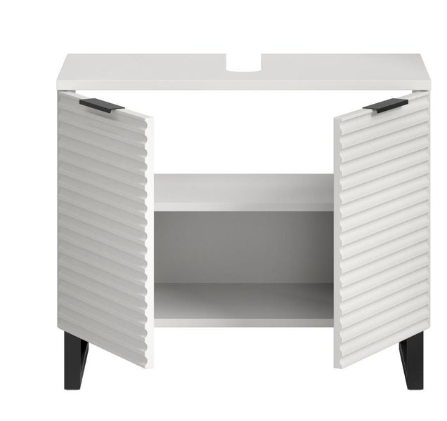 Weißer Waschtischunterschrank mit zwei offenen Türen und Innenregalen.