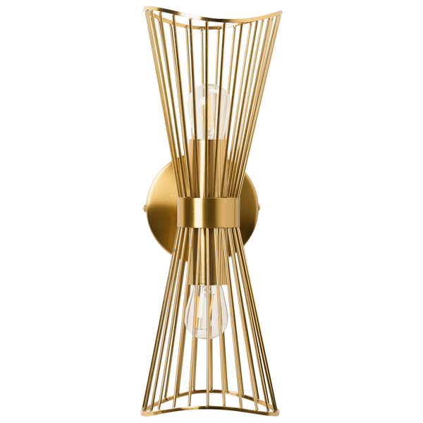 Goldene Wandleuchte mit zwei Leuchten und geometrischem Design.