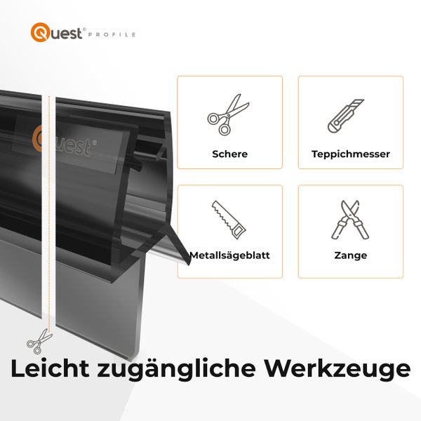 Quest Profile Logo mit Illustrationen von Schere, Teppichmesser, Metallsägeblatt und Zange