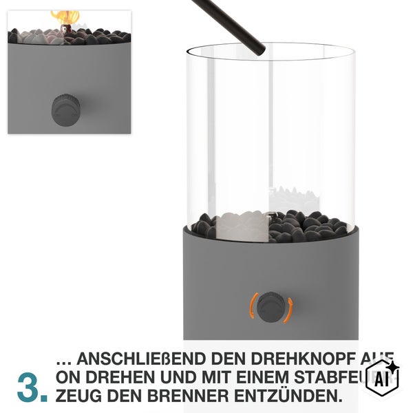 Anleitung zur Inbetriebnahme eines Tischkamine mit Drehknopf und Stabfeuerzeug.