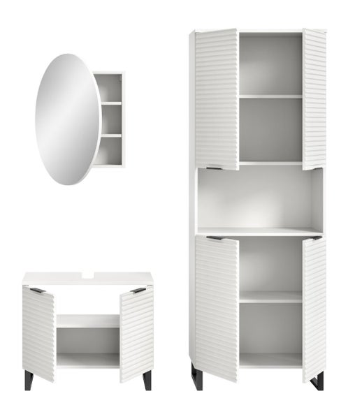 Badezimmermöbel mit Maßen in Zentimeter: Spiegelschrank, Unterschrank und Hochschrank. Gesamtmaß circa 155 mal 193 mal 34 Zentimeter.