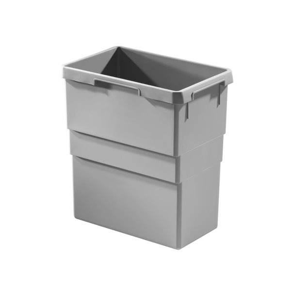 Grauer Kunststoffbehälter in rechteckiger Form mit Griffmulden für die Abfalltrennung oder Aufbewahrung.