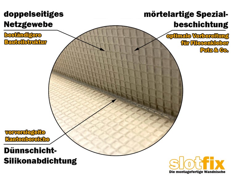 Detailaufnahme einer Bausituation mit doppelseitigem Netzgewebe und mörtelartiger Spezialbeschichtung zur optimalen Vorbereitung für Fliesenkleber und Putz.
