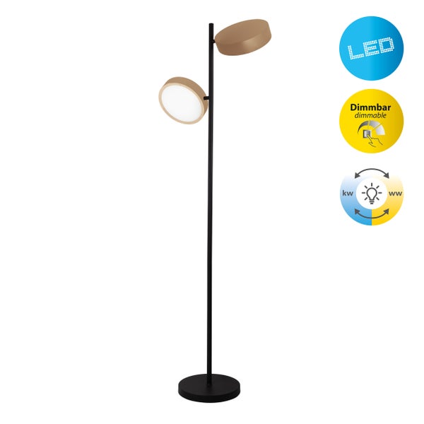 Wohnzimmer mit Sofa, Couchtisch, Stehlampe und Hängelampe