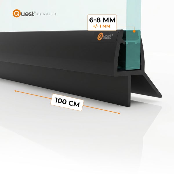 Schwarze Quest Profile Glasdichtung, 100 Zentimeter, für 6 bis 8 Millimeter Glasstärke plus minus 1 Millimeter. Quest Profile Logo.