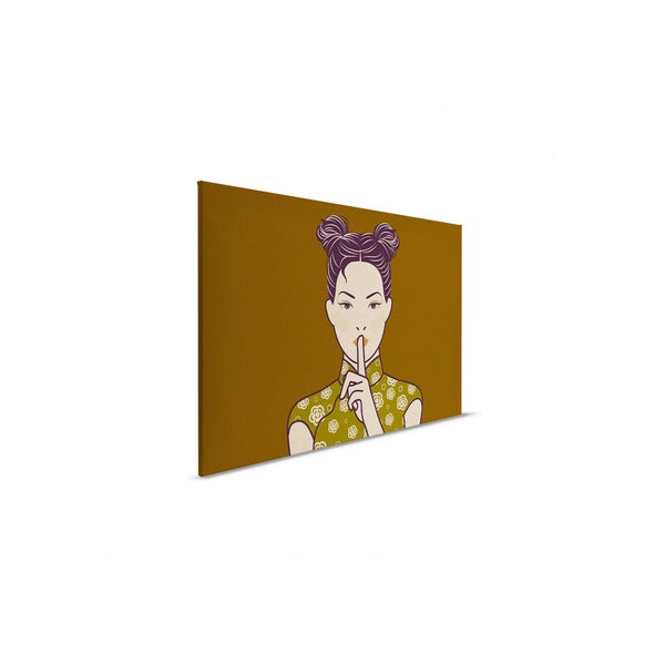 Leinwandbild mit einer Frau, die den Finger auf die Lippen legt