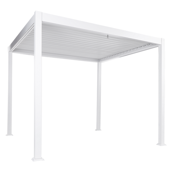 Weiße freistehende Pergola aus Aluminium mit verstellbarem Lamellendach und vier Pfosten.