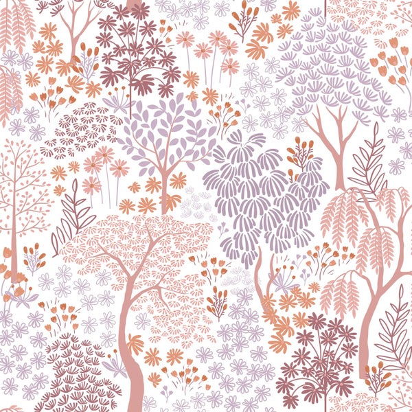 ESTAhome Tapete Bäumen und Blumen Lila und Orange - 50 x 900 cm - 131184