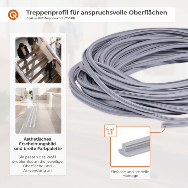 Gerilltes PVC Treppenprofil zur Kantenverstärkung und Rutschhemmung auf Stufen, inklusive Montagebeispielen und Detailansicht des Profilquerschnitts.