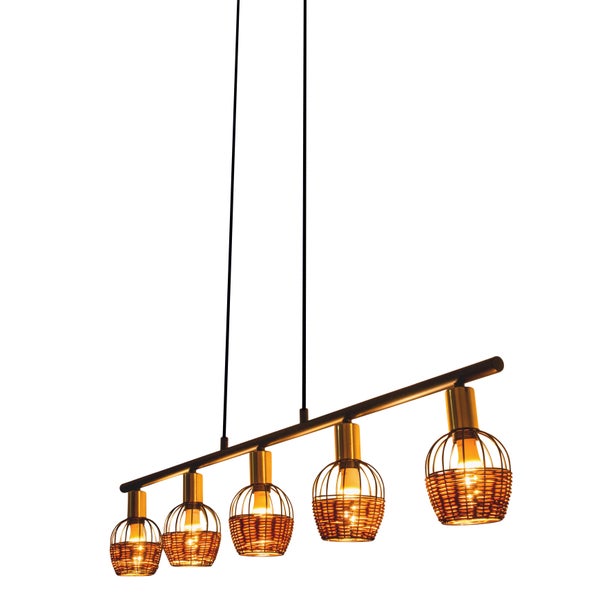 5er Pendelleuchte CORBIS,  Hängelampe aus Metall in Schwarz, mit Gold und Rattan, mit E14-Fassung, für Esszimmer, Wohnzimmer, Diele oder Büro, 100 cm lang