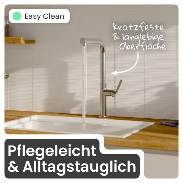 Spültisch mit Wasserhahn und den Eigenschaften: pflegeleicht, alltagstauglich und kratzfeste, langlebige Oberfläche