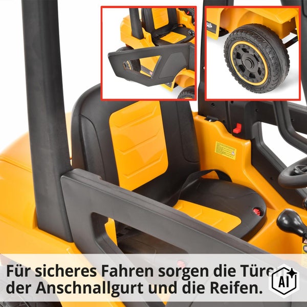 Steuerpult eines Kindergabelstaplers mit Lenkrad, Bedienhebeln, Radio, MP3 Anschluss, USB Schnittstelle und Bluetooth Funktion.