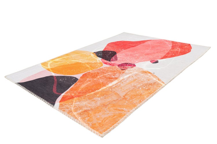 Rechteckiger Teppich mit abstraktem Muster aus überlappenden organischen Formen und Kettelrand.