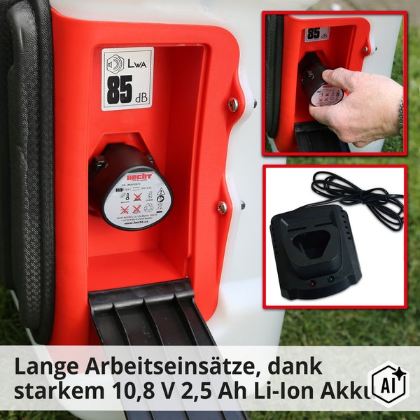 Hecht Akku für Gartengeräte mit 10,8 Volt und 2,5 Amperestunden Kapazität inklusive Ladegerät und Schallemissionskennzeichnung von 85 Dezibel.