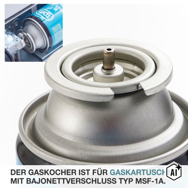 Gaskartusche mit Bajonettverschluss Typ MSF 1A für Gaskocher in Nahaufnahme