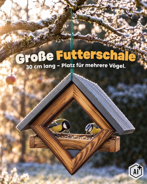 Großes hängendes Vogelfutterhaus aus Holz mit einer Länge von 30 Zentimetern für mehrere Vögel im Garten.