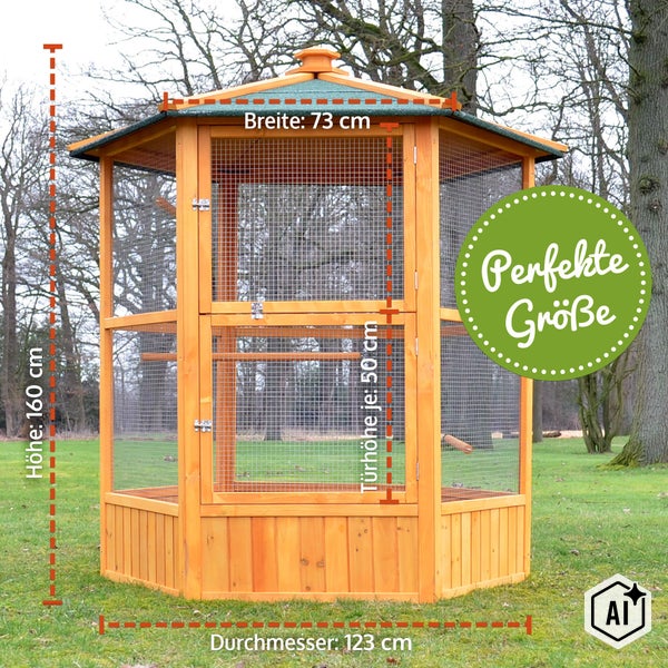 Sechseckige Vogelvoliere aus Holz mit Gitter und Dach, Höhe 160 cm, Durchmesser 123 cm, Breite 73 cm, Türhöhe je 50 cm.