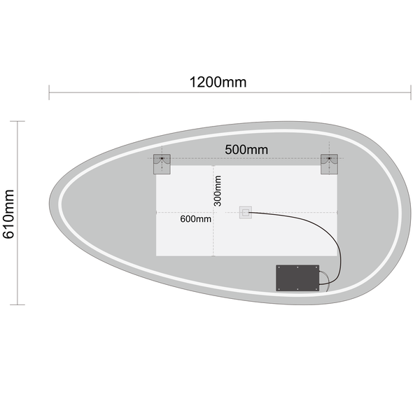 Technische Zeichnung eines ovalen Badezimmerspiegels mit Maßen von 1200 Millimeter mal 610 Millimeter.