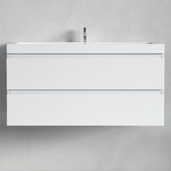Wandhängender Waschtischunterschrank mit zwei Schubladen und integriertem Waschbecken inklusive Armatur.