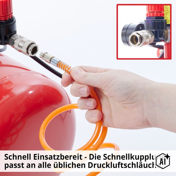 Eine Hand hält den Druckluftschlauch mit Schnellkupplung bereit zum Anschließen an den Kompressor.