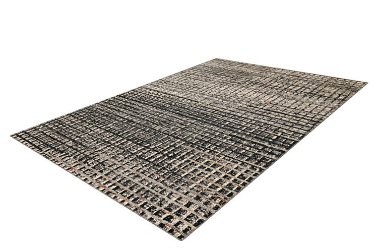 Rechteckiger Teppich mit geometrischem Gittermuster in Schwarz, Weiß und Grau.
