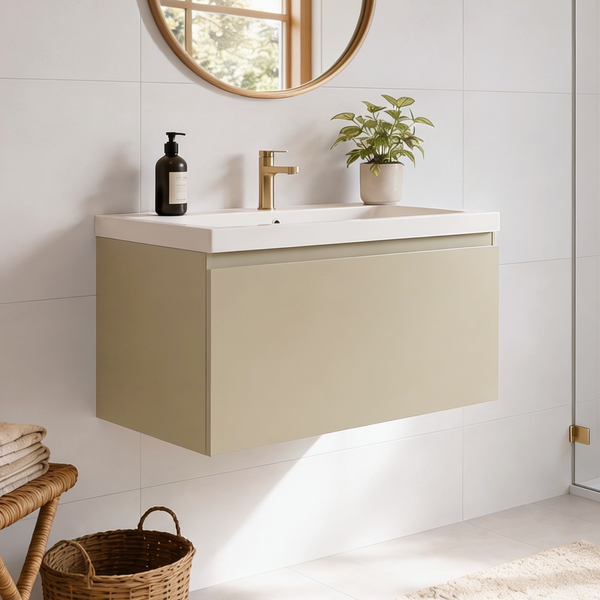 Wandhängender Waschtischunterschrank mit Keramikwaschbecken und metallischer Armatur in modernem Badezimmer mit rundem Spiegel und Dekoration.