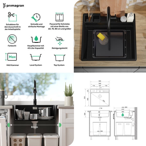 Primagran Küchenspüle mit Zubehör, Installationsdetails und Symbole für Eigenschaften