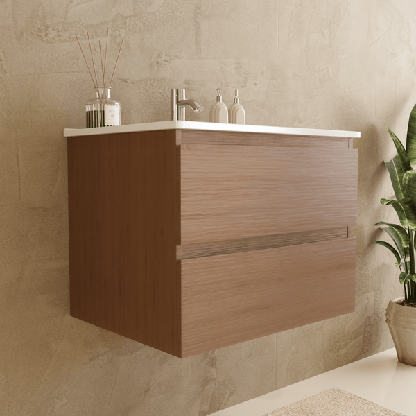Wandhängender Badunterschrank in Holzoptik mit weißem Waschbecken und zwei Schubladen in einem hellen, modern gestalteten Badezimmer.