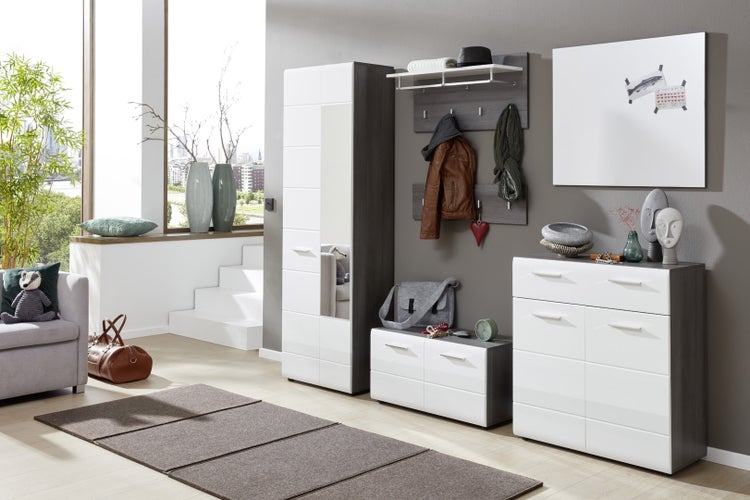 Moderne Flurmöbel-Serie in Weiß und dunkler Holzoptik mit Garderobenschrank, Spiegel, Schuhbank, Garderobenpaneel und Kommode.