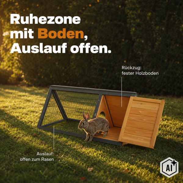 Kaninchenstall mit Ruhezone aus Holz mit festem Boden und offenem Freilaufbereich auf einer Rasenfläche für eine artgerechte Kleintierhaltung.
