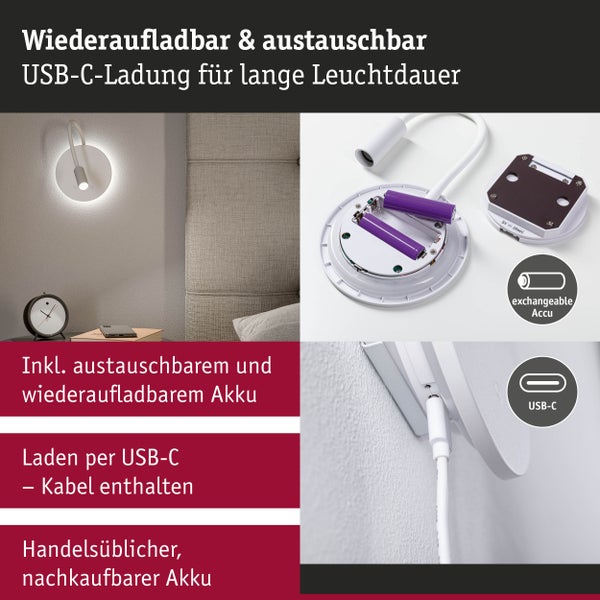 LED-Wandleuchte mit USB-C-Ladefunktion und austauschbarem Akku