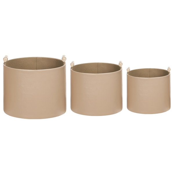 Drei unterschiedlich große, runde Aufbewahrungskörbe aus Kunstleder mit Holzgriffen