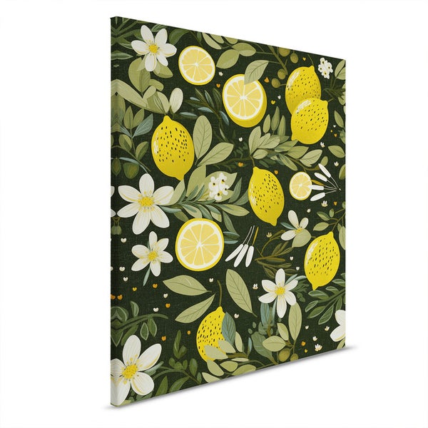 Dekorative Leinwand mit Zitronen, Blättern und Blütenmuster.