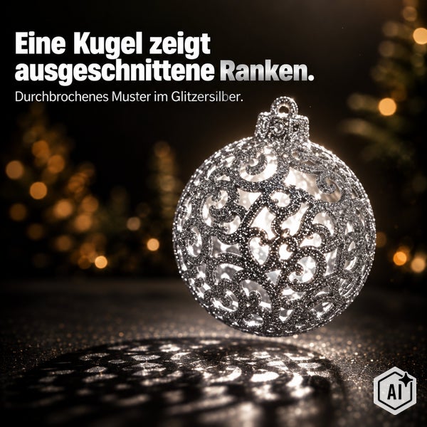 Weihnachtskugel mit durchbrochenem Rankenmuster und Glitzeroptik